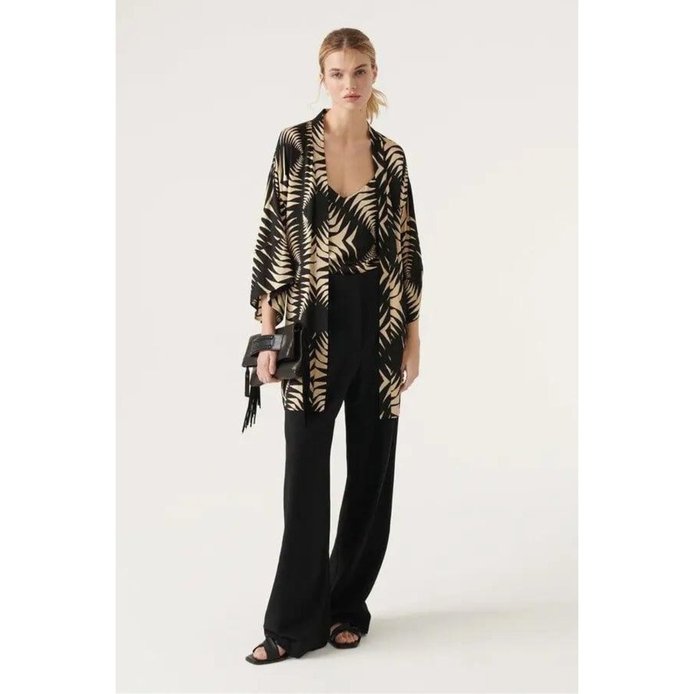 Ba&Sh NEW Kimono Nigel Belted Tie V Neck Blouse Black Beige Women's Size 1 Small